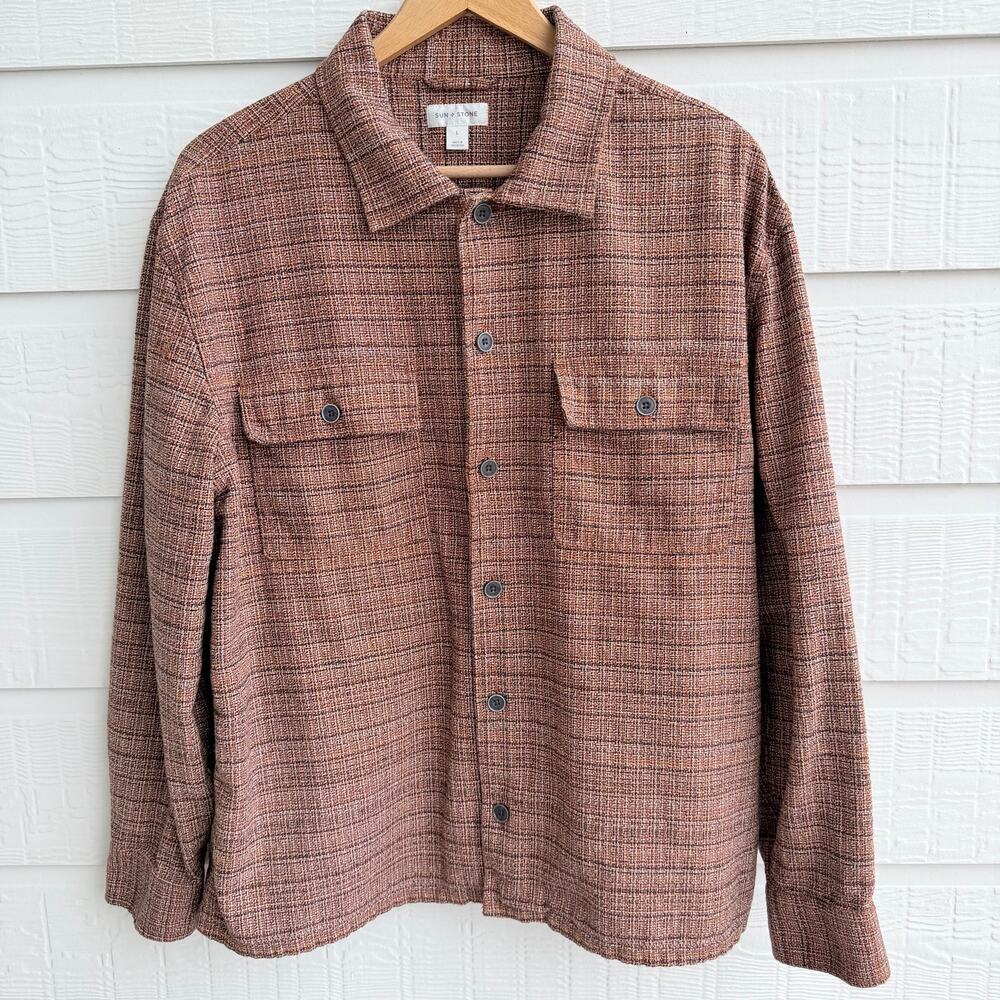 Sun + Stone Textured Shacket Large Brown Gold Boxy Button Front